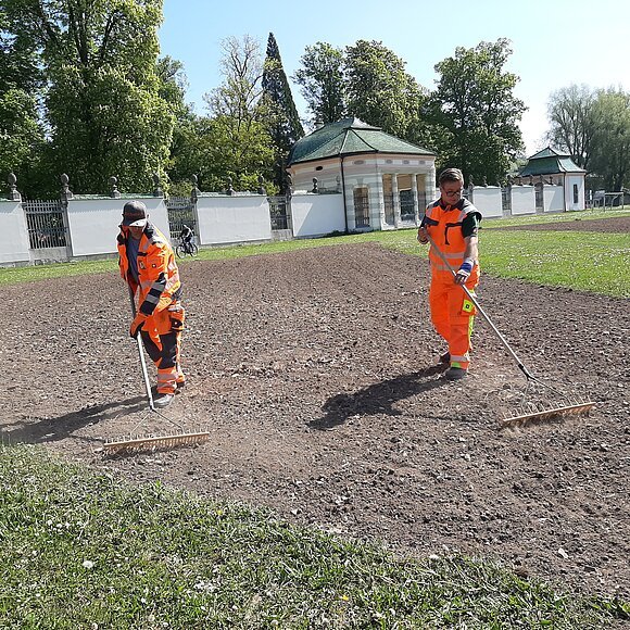 Blühfläche beim Eichstätter Hofgarten - Vorbereitung der Blühfläche durch Bauhofmitarbeiter (Foto: Christa Boretzki)
